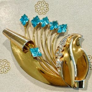 STERLING Floral Aquamarine Rhinestone & Diamante Brooch